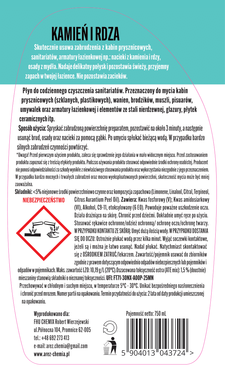 Płyn do czyszczenia sanitariatów KAMIEŃ I RDZA - obrazek 3